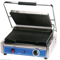 Globe GPG1410 Panini Sandwich Grill 1 14 x 10 Seasoned Cast Iron Grooved Griddle Plates