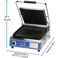 Globe GPG14D Sandwich Panini Grill 14 x 14 Grooved Upper and Lower Grill Cast Iron Plates Timer with 4 Programmable Presets