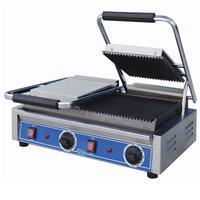 Globe GPGDUE10 Panini Sandwich Grill Electric Two Sided Grill 20 Continuous Grooved Bottom Plate Split 10 Grooved Upper Plates Cast Iron Thermostatic Control